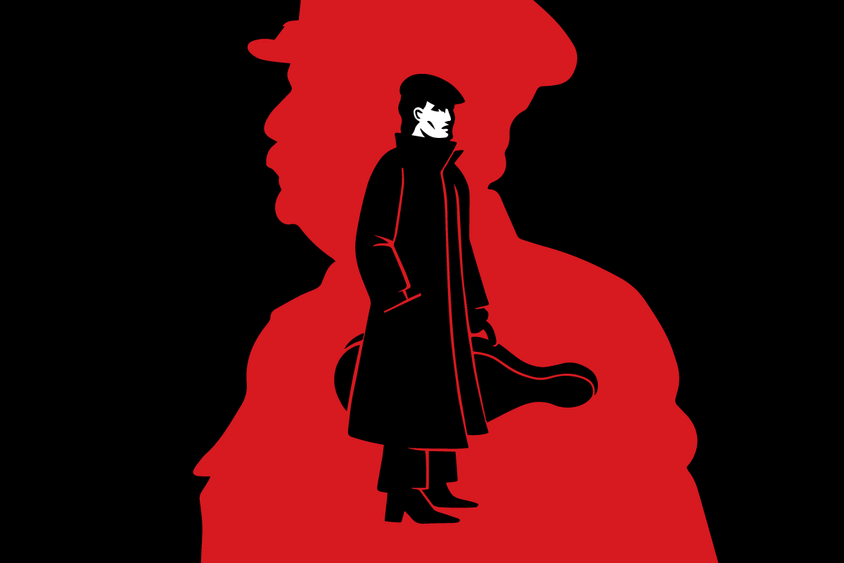 An illustration of a musician dressed in black and carrying a violin standing within a large red outline of a dictatorial figure, against a black background